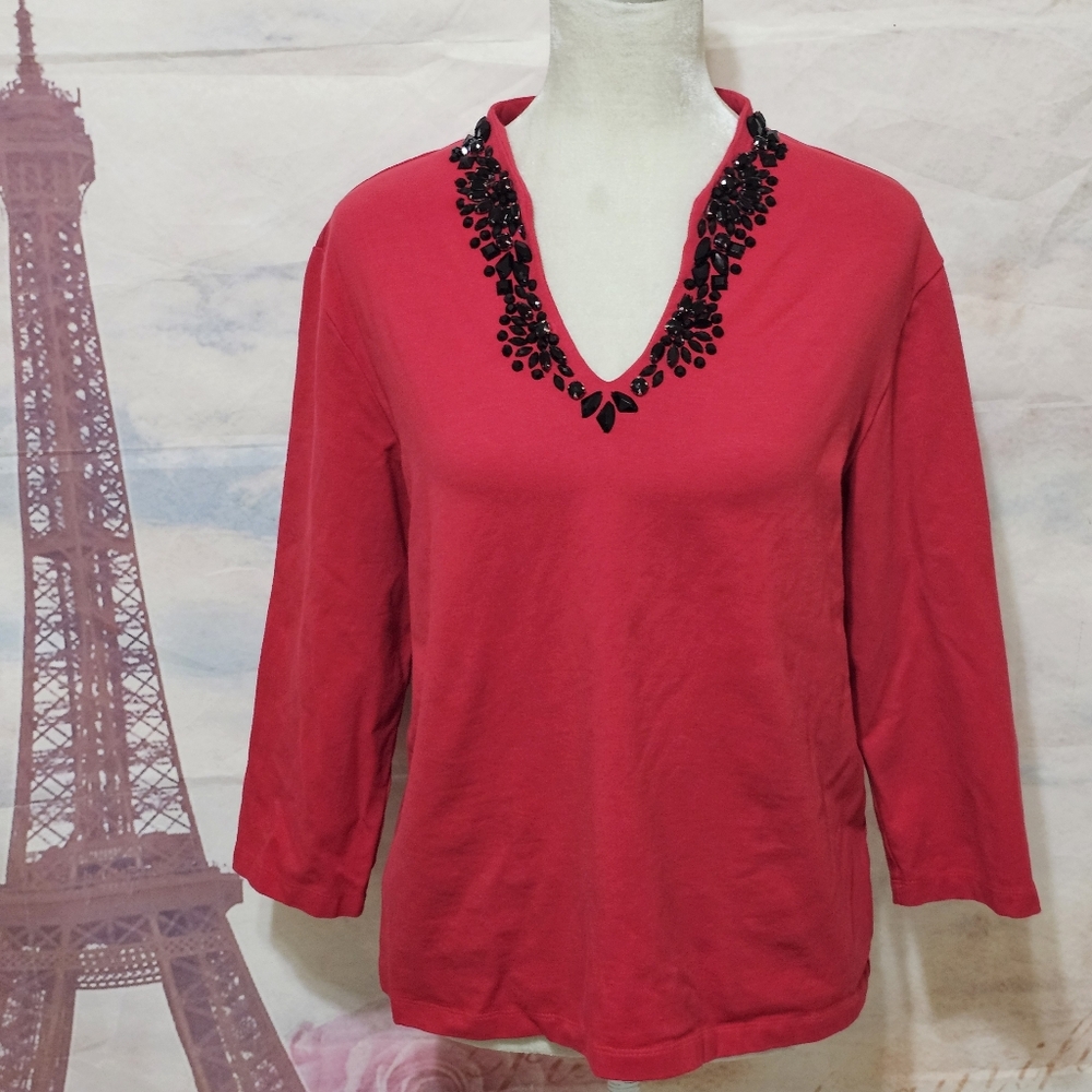 Ruby Rd. Red Blouse with Black Accents - Picture 2 of 8